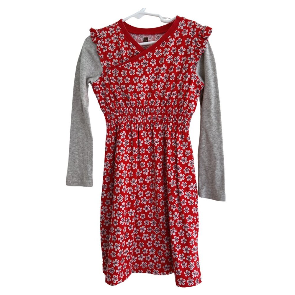 Tea Collection Floral Dress Girls 6 Red Long Sleeve Ruffle Smocked Fall Layered